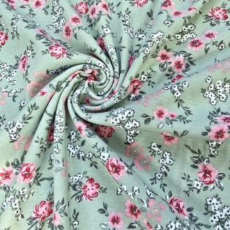 Kwiaty Na Seledynie - Interlock - 100% bawełna 175g/m2